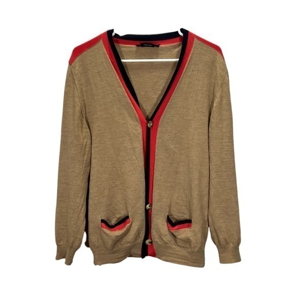 Marc Jacobs Women’s Tan Red Striped 100% Wool Button Front Cardigan Sweater - Picture 1 of 13